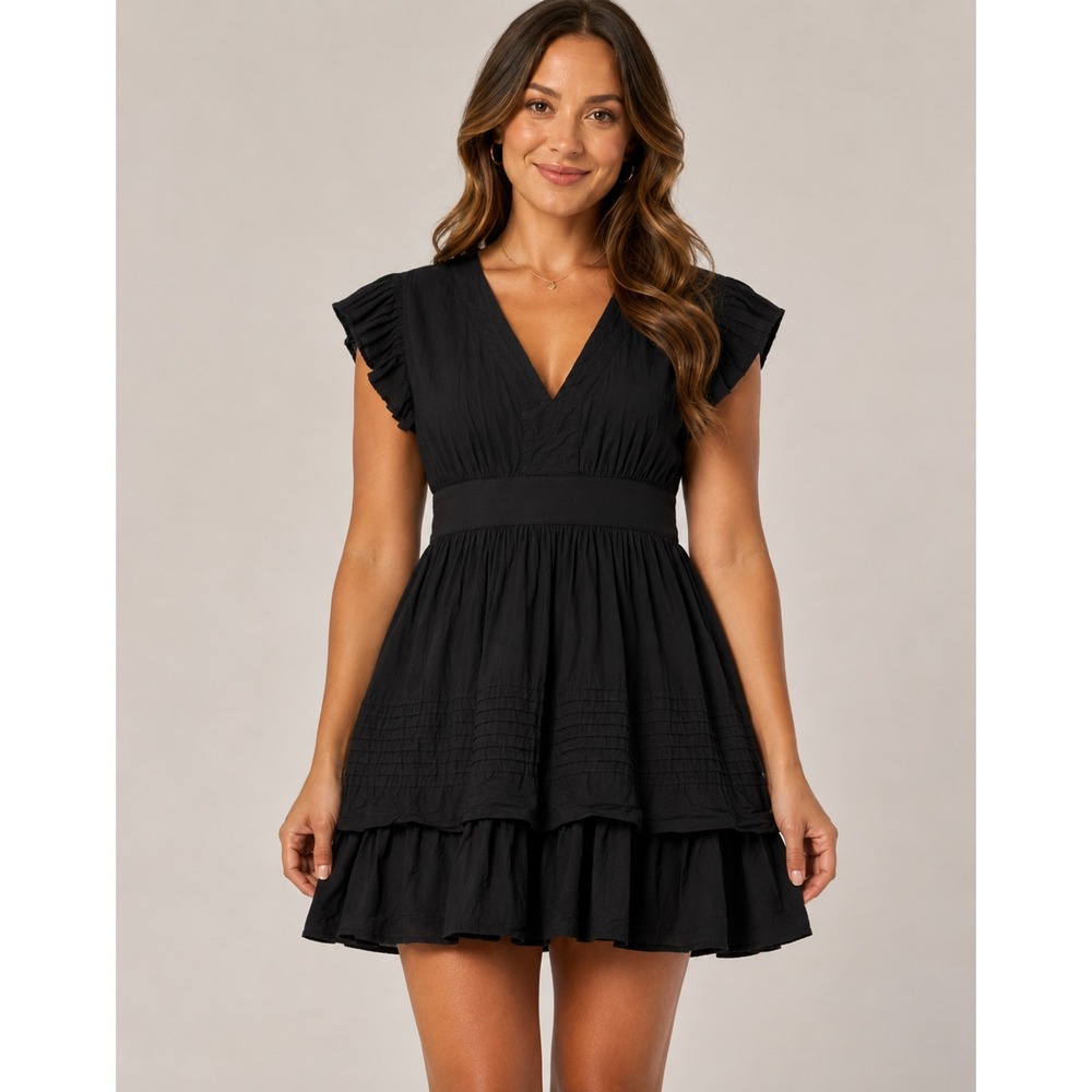 Mi Ami Women's Large Black Cotton Mini Dress Ruffle Flutter Sleeve Tiered Boho